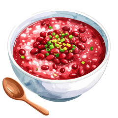 Vibrant watercolor illustration of a bowl of red bean soup, garnished with chopped scallions, with a wooden spoon.