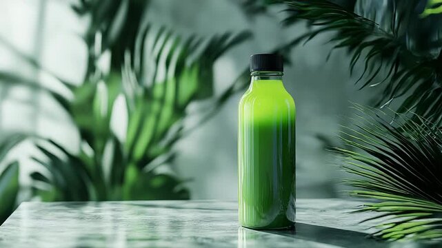 Green juice bottle standing on marble table with tropical plants background