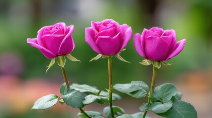 Obraz premium Beautiful Pink Roses Blooms in Close Up with Green Leaves