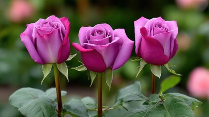 Fototapeta premium Vibrant Purple and Pink Roses in a Beautiful Garden Setting