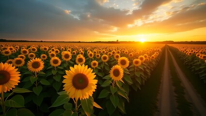 Stunning Sunflower Field at Sunset with Country Road