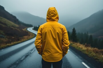 Person in Yellow Rain Jacket on Wet Mountain Road