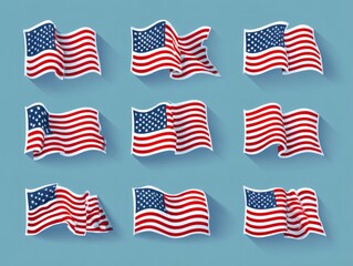 United states of america flag . Set of wavy US flag on isolated white background . Vector .
