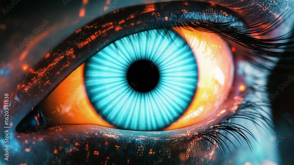 Poster futuristic cyborg eye showing digital data processing and analysis