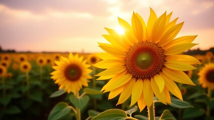 Vibrant Sunflower at Sunset in a Field
