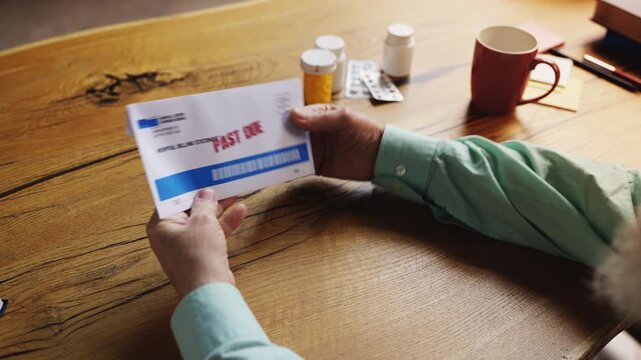 Senior man reading overdue hospital bill letter, struggling with healthcare cost