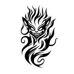 A fierce grinning demon head illustrated in a dynamic black tribal flame style, perfect for tattoos or decals. Vector art.