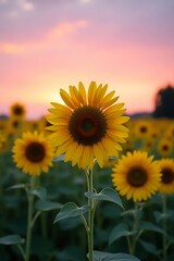Vibrant Sunflowers in a Sunset Field