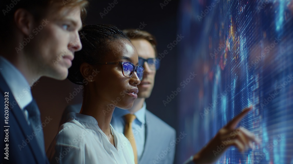 Poster data analysts analyze digital information: a diverse team of analysts deeply engrossed in analyzing 