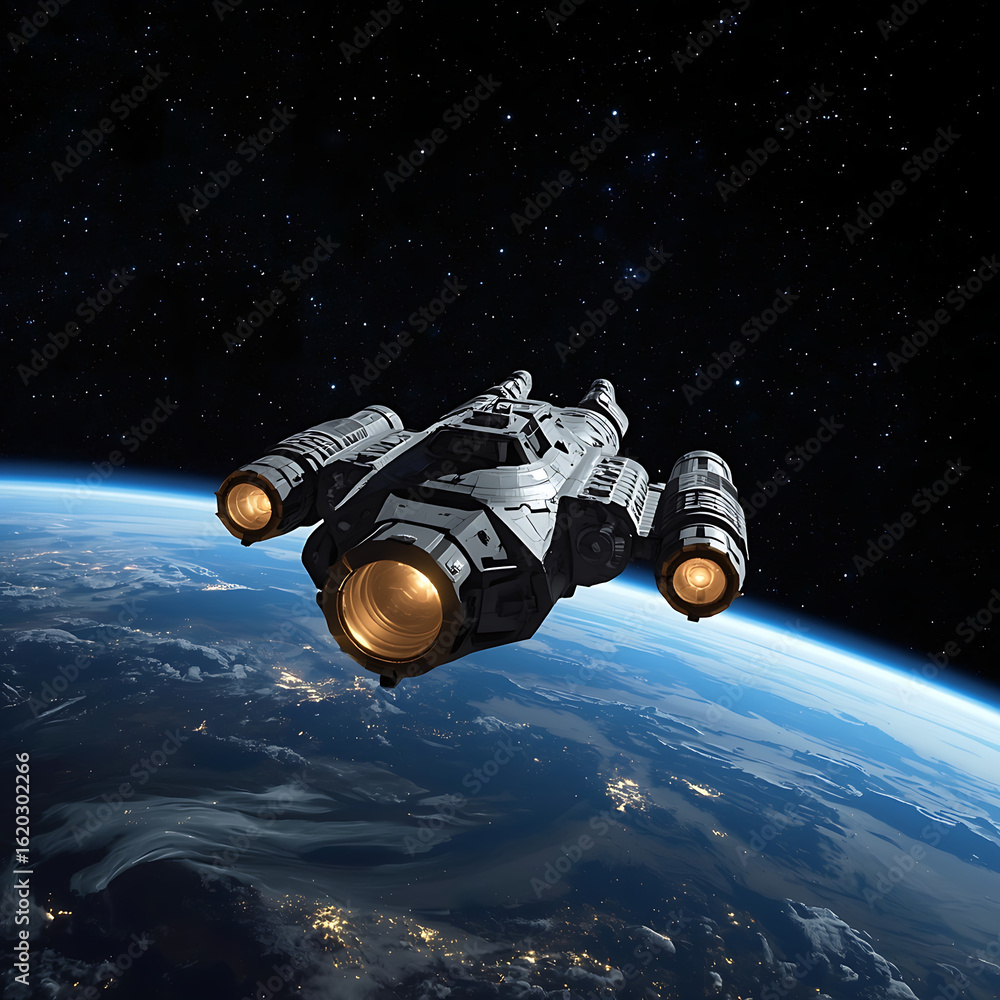 Poster a large spacecraft is currently orbiting our planet earth in space.