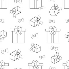 Seamless pattern with gift boxes and bows. Black and white background.