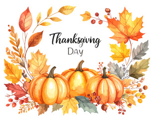 Festive Thanksgiving Day greeting with watercolor pumpkins, autumn leaves, and berries forming a colorful wreath.