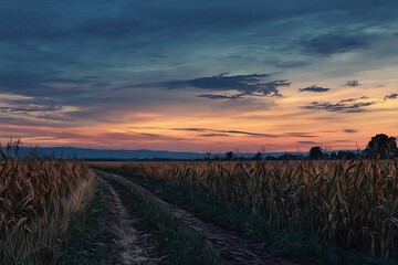 Obraz premium Scenic Cornfield Pathway Sunset Landscape with Vibrant Sky and Tall Crops