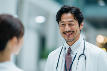 病院内で会話する医師と看護師の写真。