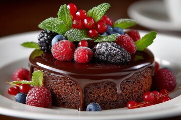 Decadent chocolate cake topped with fresh berries and mint at a dessert table