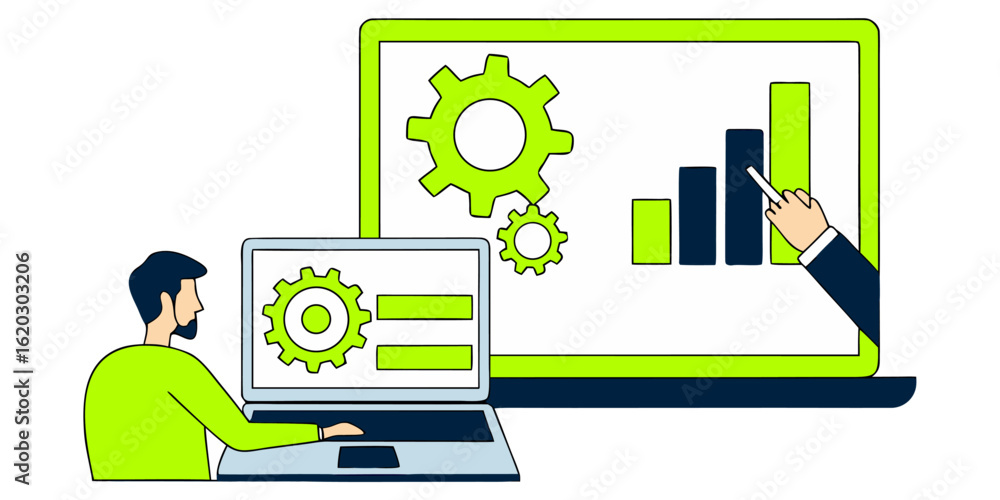 Poster illustration of business analysis with charts and gears on computer isolated on white background