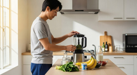 A young Asian man preparing a healthy fruit and vegetable smoothie in a bright, modern kitchen.