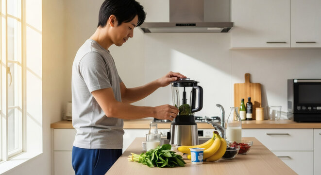 A young Asian man preparing a healthy fruit and vegetable smoothie in a bright, modern kitchen.