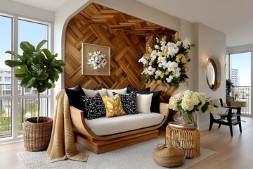 Soft cushions and wooden bench high resolution picture