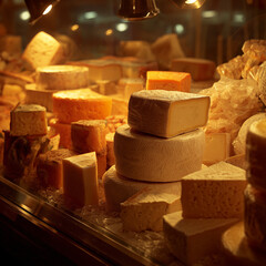 Large chunks of cheese sit on display at a supermarket or farmers market