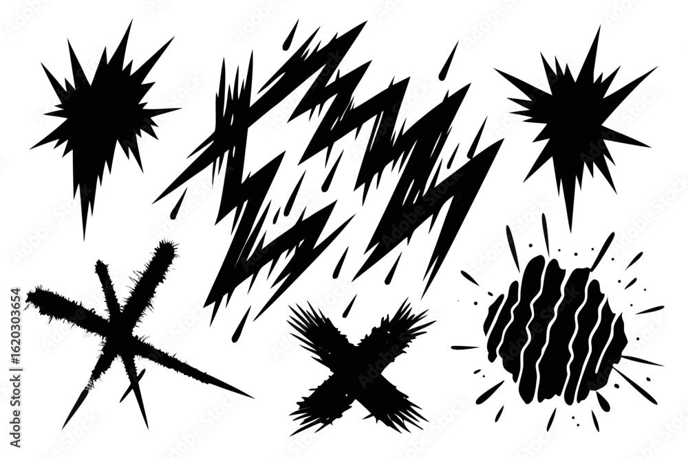 Aufkleber dynamic abstract black grunge shapes for impactful designs, perfect for comic book effects, emphasiz