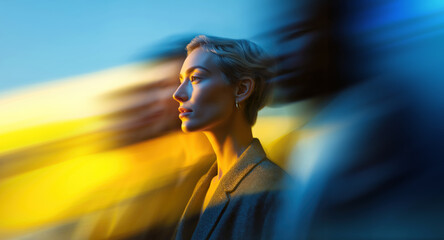 Focused professional woman with short hair framed by fast blue-yellow light trails in office scene
