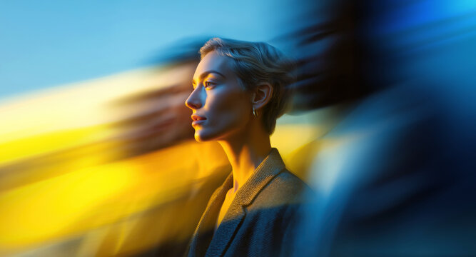 Focused professional woman with short hair framed by fast blue-yellow light trails in office scene
