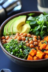 Colorful Buddha Bowl with Quinoa Chickpeas Avocado and Sweet Potato