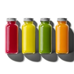 Four colorful glass bottles filled with vibrant juices, arranged neatly with soft shadows, on a white background