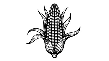 Black and white illustration of a corn cob showcasing farm fresh produce for healthy eating and agricultural design elements