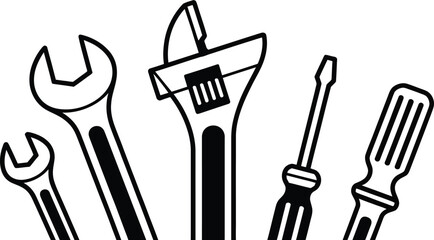 Essential black and white tool icons for handy crafts and home improvement projects or DIY design