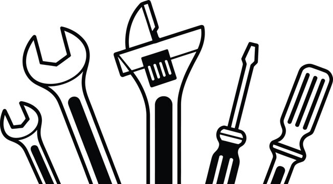 Essential black and white tool icons for handy crafts and home improvement projects or DIY design