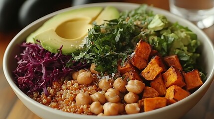 Colorful Buddha Bowl with Quinoa Chickpeas Sweet Potato and Avocado