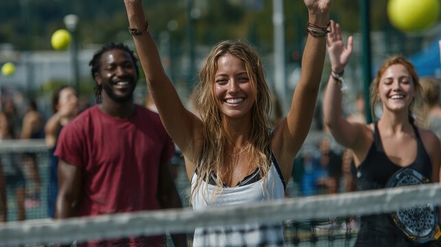 Joyful friends celebrate after a spirited paddleball match