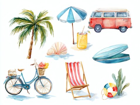 Summer items group including red suitcase, straw hat, goggles, and other isolated on background, Holiday trip vacation time on watercolor style