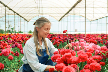 Female farmer examining her flowers. Copy space, background.