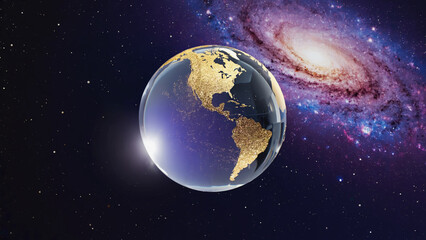 Obraz premium Transparent Globe Shining in Space with Golden Continents and Galaxy Backdrop