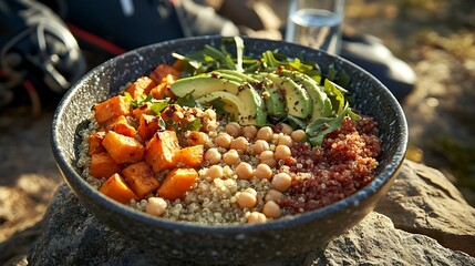 Colorful Buddha Bowl with Quinoa Chickpeas Sweet Potato Avocado and Arugula Outdoors