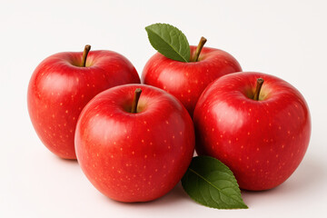 Fresh red apples with green leaves on white background, showcasing their vibrant color and natural texture
