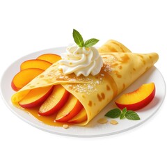 Delicious Apple Crepe with Caramel Sauce and Whipped Cream – Sweet Dessert on White Plate