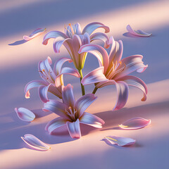 Elegant pink and white lilies with petals scattered on a soft pink background in the studio