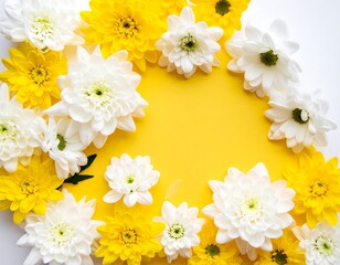 White and yellow chrysanthemum blooms arranged on a yellow background, forming a frame