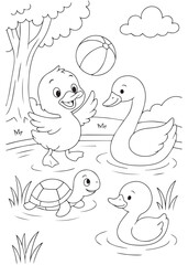 coloring book duck playing ball with friends in the water.