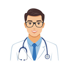 Cartoon doctor character portrait with stethoscope and glasses against black
