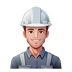 Smiling construction worker illustration isolated on black background. Cartoon builder wearing hardhat and overalls portrait for projects.