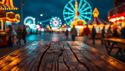 wooden table, carnival, amusement park, blurred lights, night, festival, colorful, vibrant, festive, wooden planks, entertainment