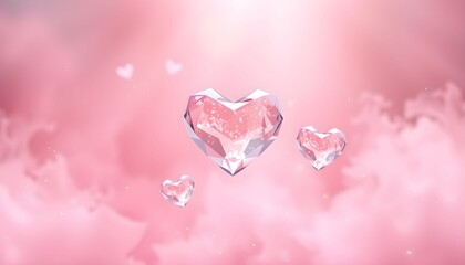crystal heart, floating, transparent, pink background, soft focus, ethereal, glowing, dreamlike, romantic, delicate, shimmering