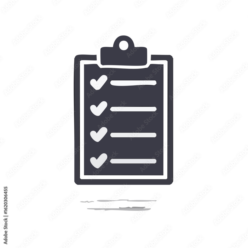 Poster clipboard with checkmarks and list items on a black background, illustrating tasks completed and sur