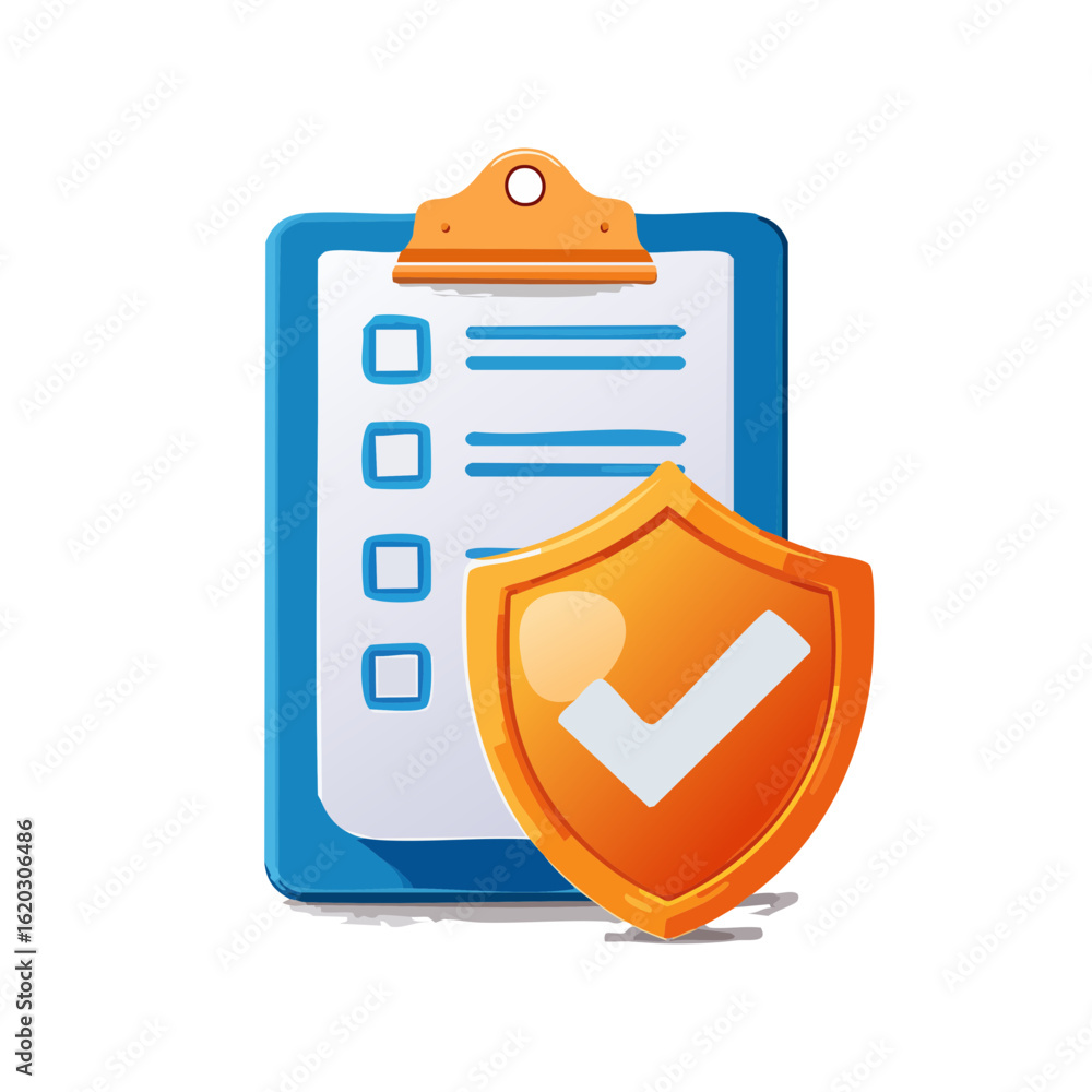 Aufkleber security checklist icon: cartoon clipboard with tasks and protected with a shield.