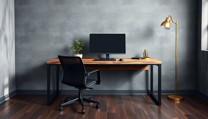 dark minimalist office, wooden desk, black chair, potted plant, lamp, flat screen monitor, hardwood flooring